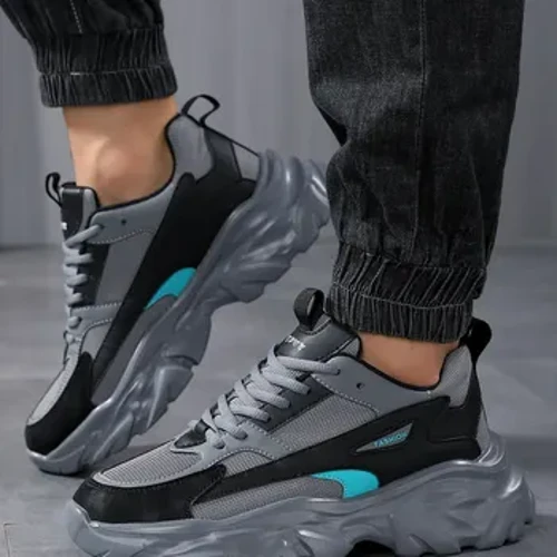 Dynion Ffasiwn Paneli Rhwyll Lledr Anadladwy Gyda Sneakers Lace Front, Esgidiau Dad Athletaidd Uwch â gwadn trwchus