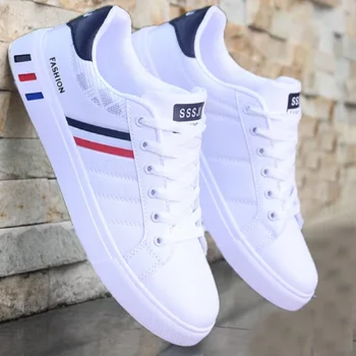 Zapatillas de deporte informales para hombre, zapatos deportivos ligeros de cuero PU, zapato transpirable, blanco plano, novedad de 2024
