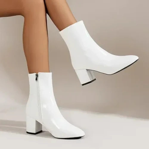 Bottines blanches pour femmes, fermeture éclair latérale, talon moyen extensible, grande taille, bottes courtes, chaussures pointues à la mode, 2024