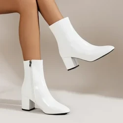 Trắng Mắt Cá Chân Giày Cho Nữ Dây Kéo Bên Hông Co Giãn Gót Giữa Size Lớn Boot Ngắn Thời Trang Mũi Nhọn Botas De mujer 2024