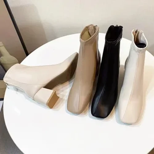 Botas de invierno para Mujer, botines con punta cuadrada y tacón alto, Botas cortas para Mujer, zapatos de plataforma con cremallera de felpa cálidos, Botas para Mujer 2023
