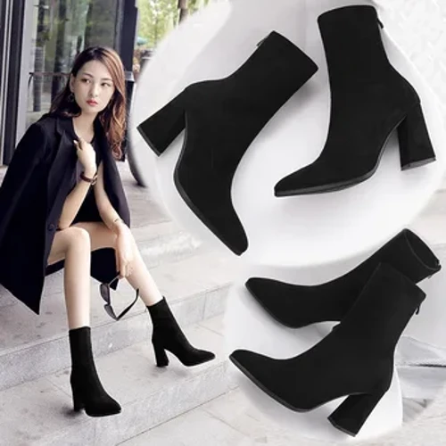 Mắt Cá Chân Chun Cao Gót Mút Giày Chelsea Boot Nữ Thời Trang Mùa Thu Chỉ Mờ Da Lộn Giày Boot Cổ Ngắn Nữ Bơm Gợi Cảm Ấm Giày