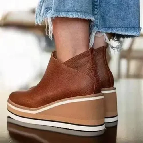 Wedges Wanita Boots Retro Wanita Ankle Boots Tren Round Toe Platform Booties Nyaman Ritsleting Sepatu Kulit kanggo Wanita Tumit