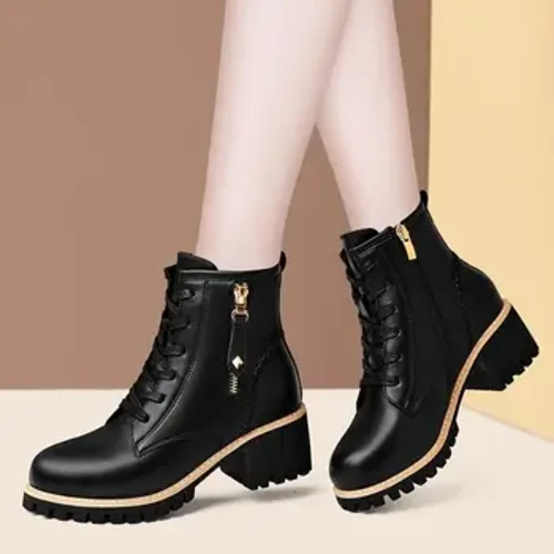 Sepatu Bot Wanita Pergelangan Kaki 2023 Baru Musim Gugur Angin Inggris Kulit Asli Tebal dengan Bulu Wanita Sepatu Bot Pendek Motor Heels Boots