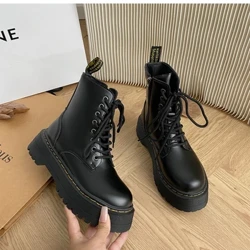 Tối Giản Buộc Dây Chiến Đấu Giày Bốt Nữ 5Cm Chun Gót Nền Tảng Giày Bốt Nữ Phong Cách Anh Quốc Đế Dày Tăng Chiều Cao giày Boot Cổ