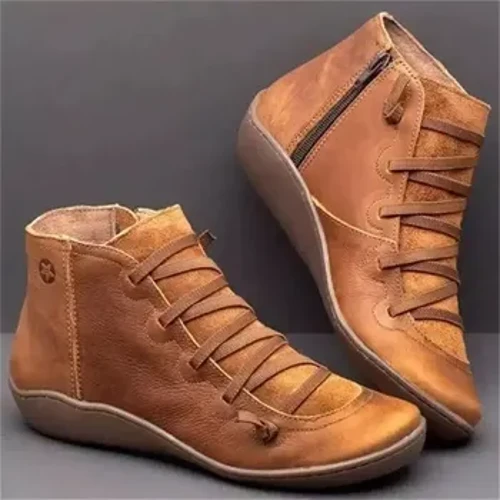 Botas curtas casuais femininas outono/inverno Botas de couro com cadarço na moda para mulheres