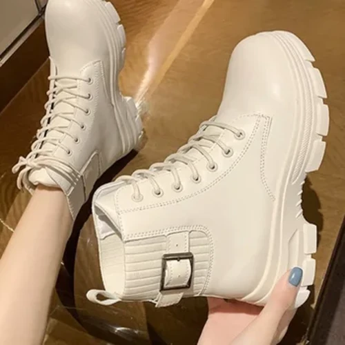 Merched Newydd Ffêr Gwyn Boot PU Lledr Unig Trwchus Lace Up Combat Booties Merched Llwyfan Gaeaf Hydref Esgidiau Merched Rwber Cowboi Boots