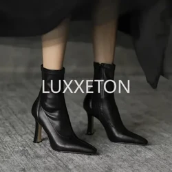 2023รองเท้าส้นสูงรองเท้าPointed Toe Bareรองเท้าสีดำBootiesบางรองเท้าส้นสูงแฟชั่นข้อเท้ารองเท้าRetroสุภาพสตรีรองเท้าBotas