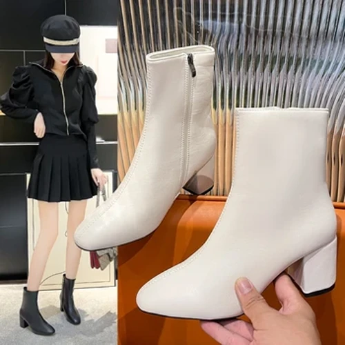 2024 Phụ Nữ Vuông Mũi Da PU Mềm Mùa Đông Boot Khối Cao Gót Trơn Trượt Trên Cổ Chân Ngắn Giày Bốt Thời Trang Nữ Mùa Thu đảng Giày