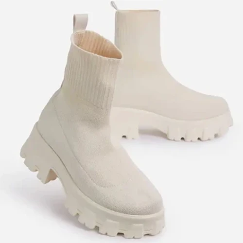 Sepatu Bot Wanita Putih Platform Boots untuk Musim Dingin Musim Gugur Botas Femininas Kaus Kaki Sepatu Bot Platform Sepatu Wanita Tumit Botines Mujer