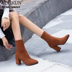 Itim na Kayumanggi Flock Makapal na Takong Ankle Boots Pambabae Sapatos sa Taglamig Maganda Elegant Mataas na Takong Pointed Toe Panatilihing Mainit Maikling Booties Babae