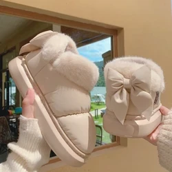 Bow Knot Byr Ffêr Eira Boots Merched Gaeaf Plush Ac Inswleiddio Trwchus PU gwrth-ddŵr Esgidiau Cartref Cotton Sliperi Cartref Merched