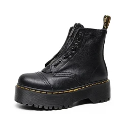 Botas femininas de couro Martin, botas de sola grossa com zíper, sapatos grossos clássicos pretos, botas de motocicleta Chelsea punk