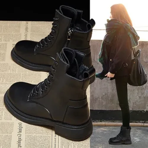 Mode dam ankelstövlar Spring Slip On Platform Läderstövlar Motorcykel Retro Martin Boot Storbritannien Damskor Batos Mujer