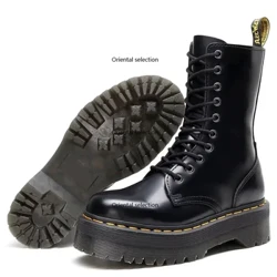 Moda para exteriores para hombre, botas de cuero con parte inferior gruesa, botas Martin negras de alta calidad para mujer, botas altas con cremallera lateral para parejas