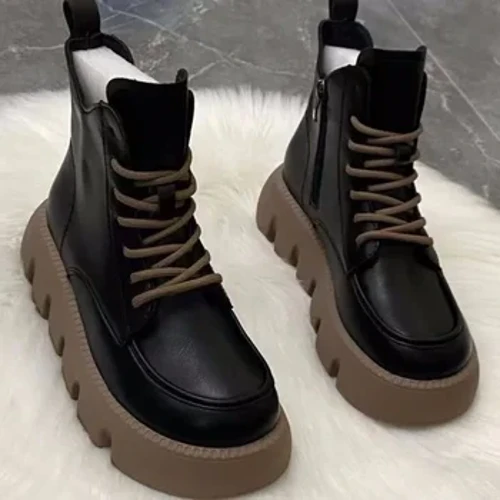 Autumn at Winter Bagong Soft Leather Retro British Style Casual Muffin Platform Boots para sa Babae Martin Boots Burst Zapatos Mujer