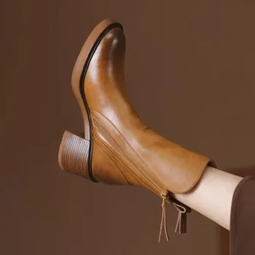 Arddull Retro Ochr Tiwb Ganol Zippered Martin Boots, Hydref Newydd 2024 Esgidiau Merched Heeled Trwchus Zapatos De Mujer