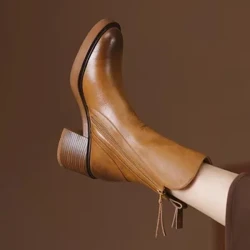 Arddull Retro Ochr Tiwb Ganol Zippered Martin Boots, Hydref Newydd 2024 Esgidiau Merched Heeled Trwchus Zapatos De Mujer