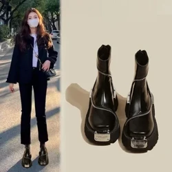 SLTNX nuevas botas Martin de suela gruesa de otoño e invierno estilo británico cabeza cuadrada más botas Chelsea de terciopelo botines de Metal Retro