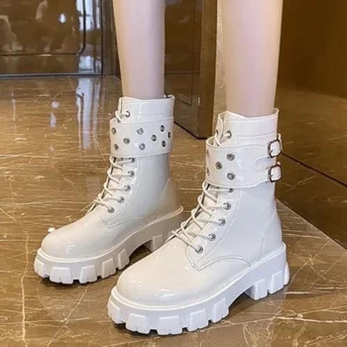 Pantofi de mărime Plus 35-43 pentru femei Cizme Martin cu talpă groasă Încălțăminte pentru femei cu vârf rotund Cizme scurte din piele cu platformă ocazională anti-alunecare