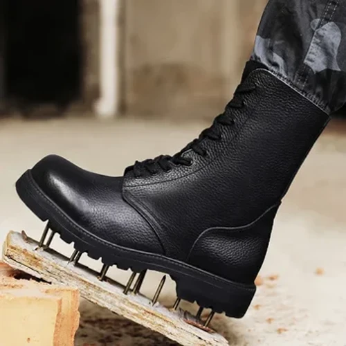 Botas de cuero genuino estilo británico para exteriores a media pantorrilla, botas tácticas para hombre, suela de goma, botas de combate antideslizantes, botas Martin negras