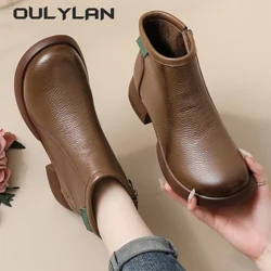 Oulylan Da Bò Giày Bốt Martin Mùa Thu Gót Giữa Đế Dày Giày Boot Cổ Ngắn Dây Kéo Dày Da Bò Mùa Đông Mẹ Giày Mới