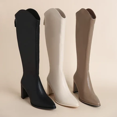 Grande taille 34-43 nouvelles femmes bottes fermeture éclair épais talons hauts Simple épais talons hauts automne hiver bottes genou haute Botas