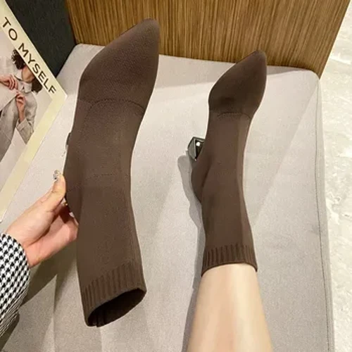2022 novo outono inverno grosso de salto alto all-match fino e fino botas femininas dedo do pé apontado meados de tubo meias elásticas botas femininas