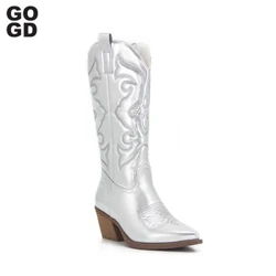 GOGD Cowboy Pink Cowgirl botak emakumeentzako 2022Moda kremailera brodatua punta zorrotza takoi potoloa txahal erdiko Mendebaldeko botak oinetako distiratsuak