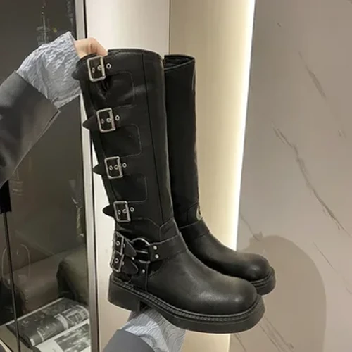 Cizme de femeie Platformă înaltă până la genunchi Elegante Toc scăzut Tendință Punk Gotic New Rock Piele Moda Pantofi de damă Încălțăminte pentru motociclete