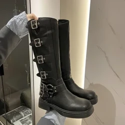 Sieviešu zābaki ceļgaliem ar augstu platformu Eleganti zemi papēži Trend Punk Gothic New Rock Ādas Mode Sieviešu apavi Motociklu Apavi
