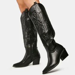 Winter Large Size 42 In Stock for Dropship Vintage Knee High Cowgirls Black Western Boots Shoes Zip up White Cowboy Boots Women