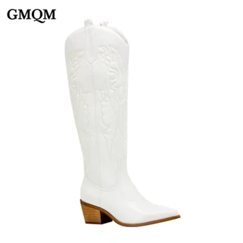 GMQM Täze moda aýal-gyzlaryň keşdeli Günbatar CowBoy aýakgaplary Dyz ýokary aýakgaplary PU Çunky ökjeli platforma aýakgaplary, aýak barmak stili
