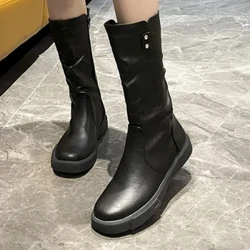2023 New Autumn Winter Women's Mid-calf Modestøvler Skridsikre sko til damer Platform lynlås Kvinder Sorte støvler Stor størrelse