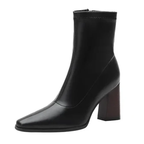 Iarnă stil nou, vârf ascuțit, pantofi elastici la modă, cu tub subțire, cu toc gros, cu fermoar lateral, cizme de damă