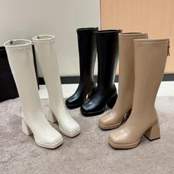 Hitam Musim Dingin Wanita Boots Fashion Platform Tumit Tebal Lutut Ritsleting Tinggi Musim Gugur Sepatu Panjang Tumit Persegi Karet Chelsea