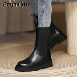 Phụ Nữ Giày Chelsea Boot Mùa Xuân Mới Đen Giữa Mắt Cá Chân Đế Bằng Giày Nữ Nữ Tất Cả Trận Đấu Cổ Điển Ngắn Gọn Thời Trang Mũi Tròn giày