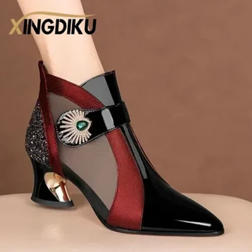 Mùa Hè 2022 Lưới Giày Sandal Đính Kim Cương Giả Hình Gót Retro Phong Cách Anh Quốc Giày Sandal Da Bò Nữ