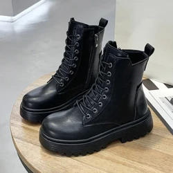 2021 Sommer Efterår Kvinder Ankelstøvler Klassiske Beige Sort Læder Gothic Punk Sko Mellemhælede Korte Combact Støvler Platformsko