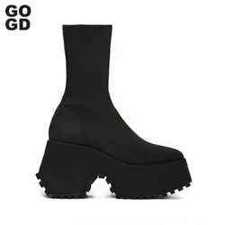 GOGD Thương Hiệu Thời Trang Nữ Gothic Nền Tảng Giày Bốt Đến Mắt Cá Chân Mới Chun Gót Halloween Giày Bốt Cao Đến Đầu Gối Phong Cách Punk Xe Máy