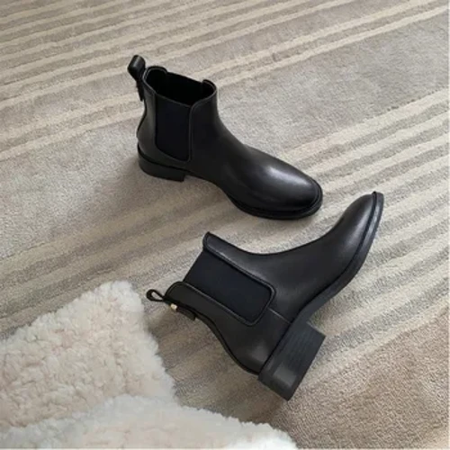 Botas femininas outono e inverno nova cabeça redonda de pelúcia pequeno salto grosso couro genuíno chelsea botas curtas para mulher