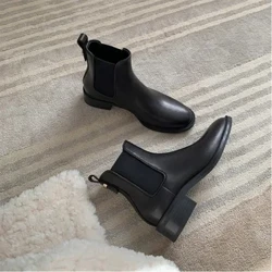 Pambabaeng Boots Autumn at Winter Bagong Plush Round Head Maliit na Makapal na Takong Tunay na Balat Chelsea Maikling Boots para sa Babae