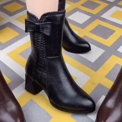 Bottines à semelle épaisse pour femmes, chaussures confortables, imperméables, avec nœud, talons mi-mollet, nouvelle mode, 2023