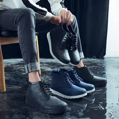 Viatu vya Mpira vya Wanaume vya Mitindo Viatu vya Mvua vya Lace-up Viatu vya Mvua visivyo na maji Galoshes za Usalama wa Kazi Mume Uvuvi Viatu vya mvua Viatu vya Botas Lluvia