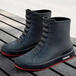 Botas de chuva masculinas de moda escorregando de borracha de borracha no meio da pantadeira botas de trabalho de trabalho confortadas com sapatos de pesca não deslizantes vermelhos para homens