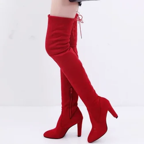 Emakumeen belauneko takoidun botak 2024 BERRIA Sexy Party Moda Suede Larruzko oinetakoak Stretch Flock Neguko puntadun takoi lodiko botak
