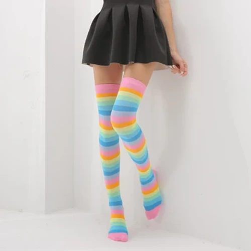 Nén Tất Sọc Màu Sắc Cầu Vồng Nữ Vớ Dài Đùi Cao Cấp Dễ Thương Kawaii Cotton Đan Trên Đầu Gối Cao Tất Ấm Sock