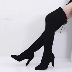 Seksi Over The Knee Boots Wanita Ramping Tabung Panjang Bare Boots Persegi Sepatu Hak Tinggi Sepatu Tinggi Wanita Botas Mujer