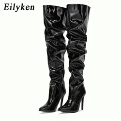 Abesifazane Ababomvu Be-Eilyken Phezu Kwamadolo Amabhuzu Izithende Eziphakeme I-Patent Isikhumba Esiqinile Esicijile Uzwane Stiletto Side Zipper Sapatos Femininos