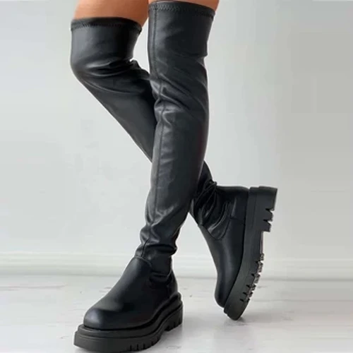 Phong Cách Punk Giày Bốt Nữ Size Lớn 35-43 Gợi Cảm Trên Đầu Gối Giày Nữ Mùa Đông Giày Đế Giữa Gót Đùi giày Cao Cổ Đen